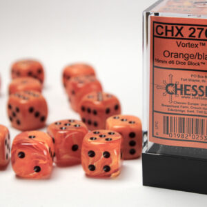 Chessex Bloque de Dados Vortex Naranja con Negro - 12 Dados de 6 Caras (16mm)
