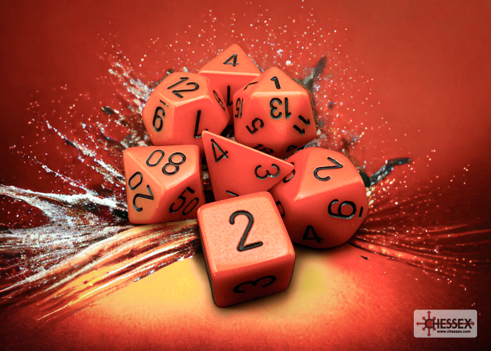 Chessex-Opaque-Polyhedral-7-Die-Sets-Orange-w/black Chessex Opaque Polyhedral 7-Die Sets - Orange w/black