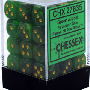 Chessex Signature 12mm d6 with pips Dice Blocks (36 Dice) - Vortex Green w/gold