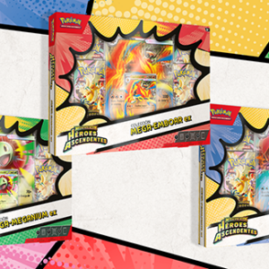 Pokémon JCC Colecciones Mega‑Meganium ex, Mega‑Emboar ex y Mega‑Feraligatr ex de Megaevolución-Héroes Ascendentes