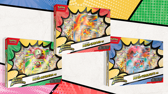 Pokémon JCC Colecciones Mega‑Meganium ex, Mega‑Emboar ex y Mega‑Feraligatr ex de Megaevolución-Héroes Ascendentes